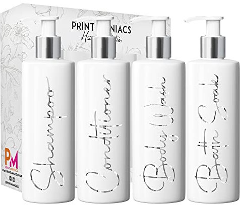 Print Maniacs Mrs Hinch Inspired White Personalised Pump Bottles Bathroom Kitchen Set Shampoo Conditioner Body Wash Bath Soak (F2) (Silver)