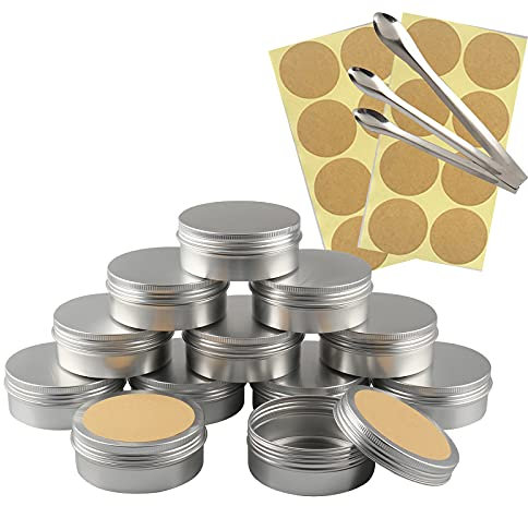 TIANZD 100 Pièces 150 ml Vide Rond Argent Pots en Aluminium Cosmétiques Pot Canettes Bocaux Conteneurs 5ml for Fait Main Bougies Crème Baume Voyage, 3x aluminium cuillère, 100x Étiquettes