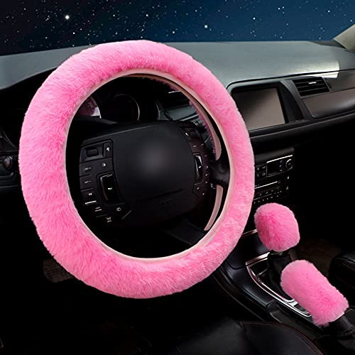 Lenkradabdeckung, Amokee Universal Lenkradhülle Plüsch 3er/Set Winter Lenkradbezug Teleskop Lenkrad Abdeckung weich bequem Steering Lenkradschoner für Auto Zubehör, 36-39cm (Rosa)
