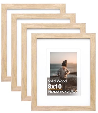 KINLINK 8x10 Picture Frame Natural, Solid Wood Frames with Acrylic Plexiglass for Pictures 4x6/5x7 with Mat or 8x10 without Mat, Tabletop and Wall Display Photo Frame, Set of 4