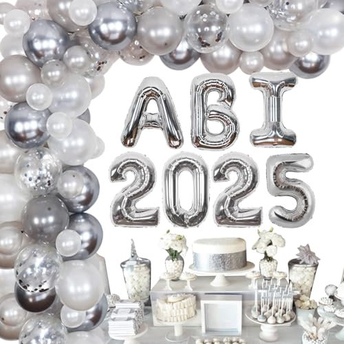 Abschlussfeier Deko Abitur 2025, Bestandene Priufung Deko - Ballongirlanden Kit Silber mit ABI Ballons Girlande, Gltuckwunsch Deko fur Abitur Studium Universitat Abschluss Party