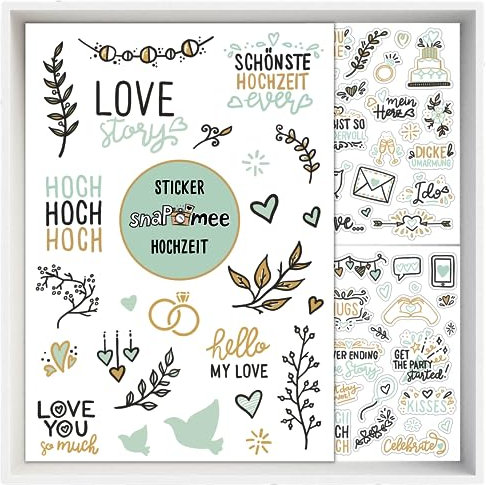 Sticker Hochzeit Gästebuch by snaPmee - Transparente Deko Aufkleber - Hochzeitssticker mit 133 Motiven - Fotoalbum, Scrapbook, Bullet Journal (Eukalyptus)
