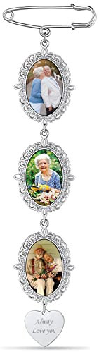 Custom4U Personalisierte 3X Fotoanhänger Brosche für Memorial Brautstrauß Anhänger mit Bild Damen Herren Edelstahl Broschen & Anstecknadeln Silber Ansteckblume Bräutigam DIY Schmuck Hochzeit
