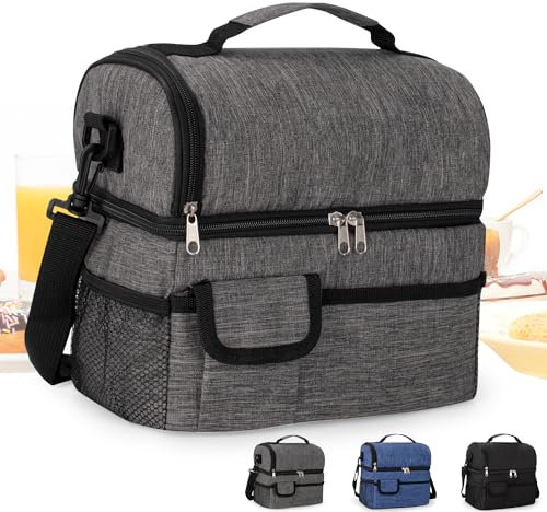 Sac Isotherme Repas 10L Sac à Déjeuner Isotherme Sac à Lunch Isolé 2 Compartiments Portable Réutilisable Lunch Bag pour Femmes Hommes et Étudiants à l’École et au Bureau(Grey)-A