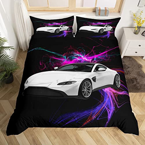 Set di biancheria da letto per auto sportiva per bambini ragazzi ragazze sport estremi copripiumino per auto sport competizione copriletto viola stile automobilistico taglia singola 2 pezzi