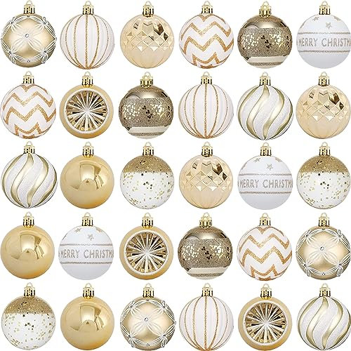 Set di 30 palline per albero di Natale, in plastica, con gancio, decorazione per Natale, matrimoni, feste (oro e bianco)