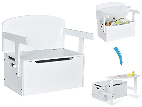 COSTWAY Cassapanca Contenitore 3 in 1 per Bambini Trasformabile in Legno con Scatola dei Giocattoli, Tavolo bambini con Sedie Multifunzione per 3-7 Anni (Bianco)