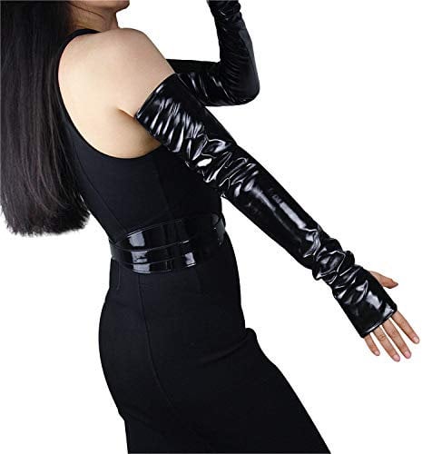 DooWay Sexy lange fingerlose Lederhandschuhe glänzend schwarz 60 cm Kunstleder Rock Punk Armwärmer Kostüm Opera Handschuhe, Schwarz glänzend, 85