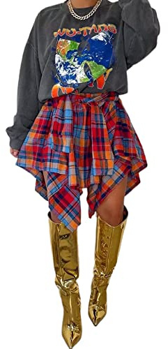 Karierte Damen-Skorts, hohe Taille, Schnürung vorne, plissiert, Sommer, asymmetrischer Rock mit Shorts