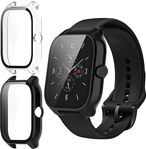 GEJEFA Funda Protector para Amazfit GTS 4 + Cristal Templado, [2-Piezas] PC Case y Integrados Vidrio Protector de Pantalla para Amazfit GTS 4, Transparente+Negro