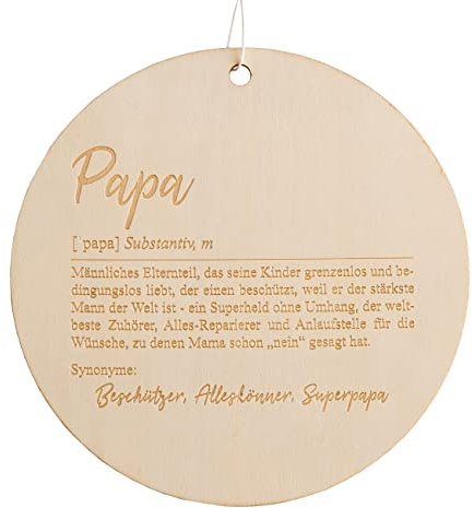Papierdrachen Rundes Holzhängeschild mit Gravur Papa und der Definition und Synonymen in Grösse 22x22x0.8cm - originelles Vatertagsgeschenk