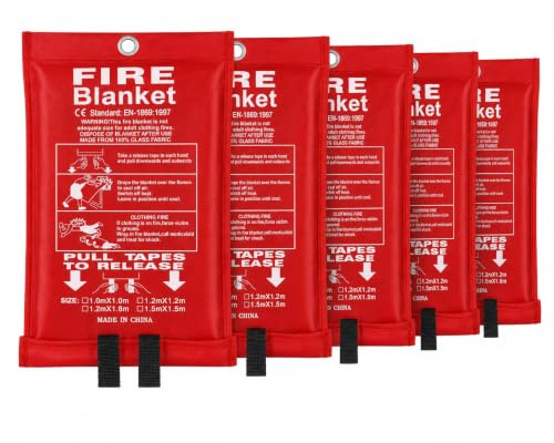 5x Fire Blanket 1 X 1m, Quick Unfolding Safety Blanket, Emergency Survival Safety Fire Blanket for Home, Kitchen, Garage, Office, Caravan, Car