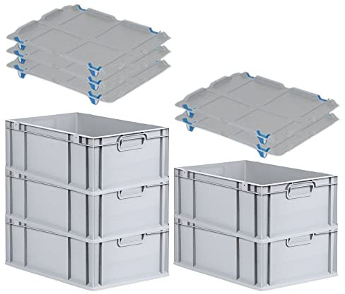 PROREGAL SparSet 5x Eurobox NextGen Grip mit Auflagedeckel & 4 blauen Schiebeschnappverschlüssen, HxBxT 22x40x60cm, 44 L, Grau, Griffe geschlossen, Eurobehälter, Transportbox