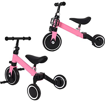Baby-Dreirad, skalierbar, Dreirad, Laufrad, skalierbar, ohne Schiebegriff, für Mädchen und Jungen, mit/ohne Pedale (Schwarz-Rosa)