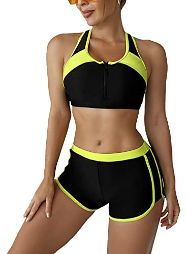 DISSA Damen elastischer Zweiteiler Bikini mit Racerback | Halbzip Racer-Top, Kontrastpaspel, hoch taillierte Shorts, schnelltrocknender Stoff, Wassersport