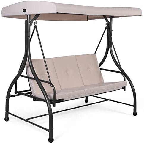 RELAX4LIFE 3 Seater Swing Chair, Garden Swing Seat Chair with Adjustable Canopy and Cushions, Outdoor Patio Hammock Convertible Bench for Balcony Backyard Poolside (Beige)