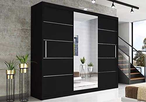 RAC3 Race to Road Stylish Bedroom Sliding Wardrobe with LED Light - Ample Storage Space and Sleek Design comes in White/Grey/Black/Oak and Width 150cm/180cm/203cm/250cm (Black, 250cm)