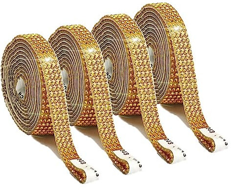4 Rolls Self-Adhesive Crystal Rhinestone Diamond Ribbon DIY Decoration Sticker Resin Ribbon Roll Belt Bling Sparkling Wrap for DIY Arts Crafts(Gold,10mm)
