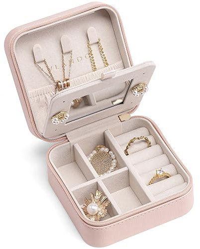Vlando Muttertagsgeschenke – kleine Reise-Schmuckschatulle – Schmuckvitrine für Mädchen, Frauen, Brautjungfer, Geschenk, Ringe, Ohrringe, Halsketten, Aufbewahrung mit Spiegel, Rosa