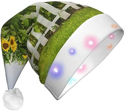 VACSAX Sonnenblumen weiß Lattenzaun Druck Weihnachtsmütze LED leuchten Plüsch Santa Cap Lustige Plüsch Xmas Hüte Unisex