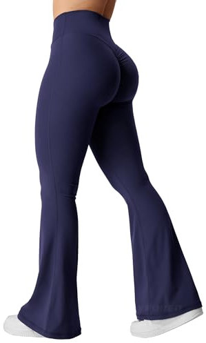 YEOREO Kalie Flare Scrunch Leggings für Damen, V-Ausschnitt, Kreuz-Taille, Glockenunterteil, Yogahose, Bauchkontrolle, Bootcut, Workout-Leggings, Marineblau, Groß