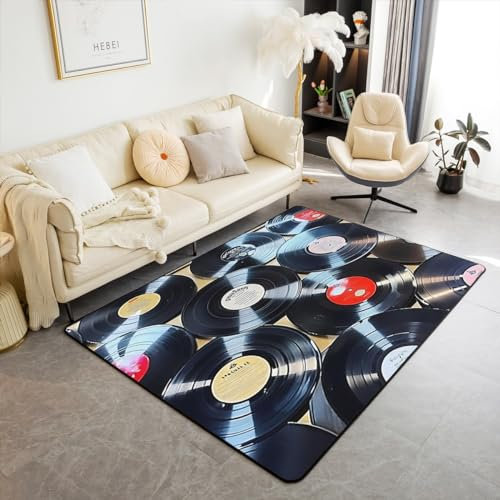 Homemissing Kinder Records Teppich 100x150cm Vinyl Record Album Wohnzimmerteppich für Wohnzimmer Küche Balkon Küchenteppich Musicial Thema Wetterfest Modern Teppich Schwarz Outdoor
