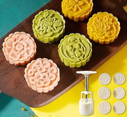 Luminexia Mooncake Mould Press With 4/6 Stapms,DIY Cookie Cutter 50g/75g/100g Flower Press Mooncake Mould Hand Pressure Mooncake Baking Tools For Muffin Fondant Cupcake Dessert,Mid-Autumn Festival