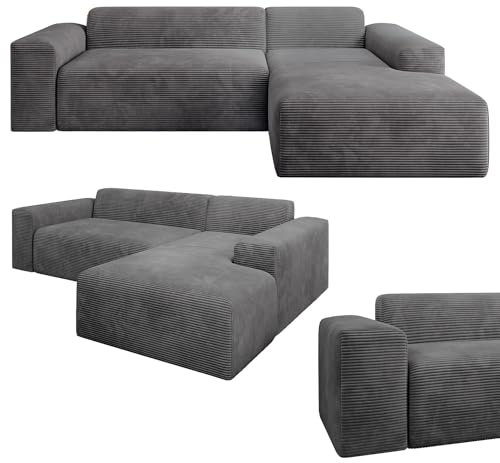 Juskys Sofa Vals Rechts mit POSO Stoff - L-Form Couch für Wohnzimmer - Ecksofa modern, bequem, klein - Eckcouch Sitzer - Cordsofa Dunkelgrau