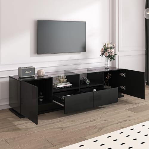Hochglänzender TV-Schrank mit Glasböden, Zwei Schubladen und Zwei Türen, Lowboard mit mehrfarbigen LED-Lichteffekten (Schwarz)