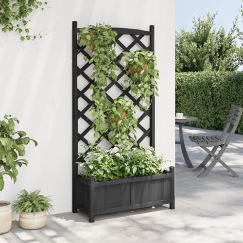 Gecheer Jardinera con celosía trepadora de madera maciza de abeto – Cama elevada negra 75 x 35 x 150 cm – Rejilla de jardín