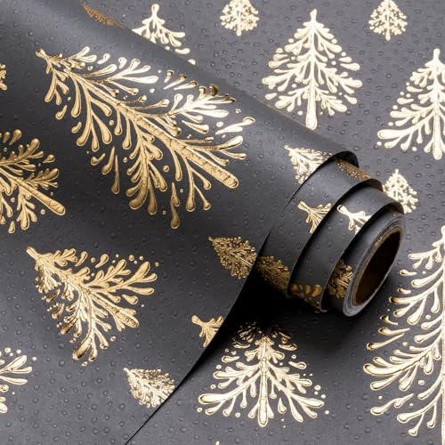 RUSPEPA Rotolo Di Carta Da Regalo Natalizia Kraft 3D - Mini Rotolo - 43,2 Cm X 5 M - Design Albero Di Natale Oro E Grigio Scuro Con Rilievo Perfetto Per Vacanze, Feste