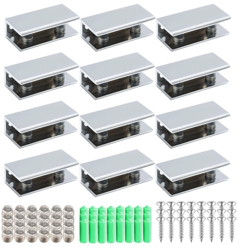 Lot de 12 pinces à verre rectangulaires - 6 à 8 mm - En alliage d'aluminium argenté - Pour plaque en verre acrylique de 6 à 8 mm d'épaisseur - (L) (58 x 23 x 13,5 m)