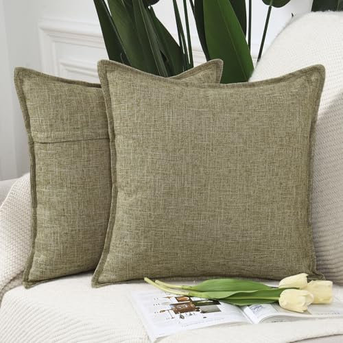 Madizz 2er Set Polyester- Leinen Kissenbezügen Weiche dekorative Kissenbezüge für Sofa Schlafzimmer Kissenhülle Moosgrün 50x50 cm Quadrat