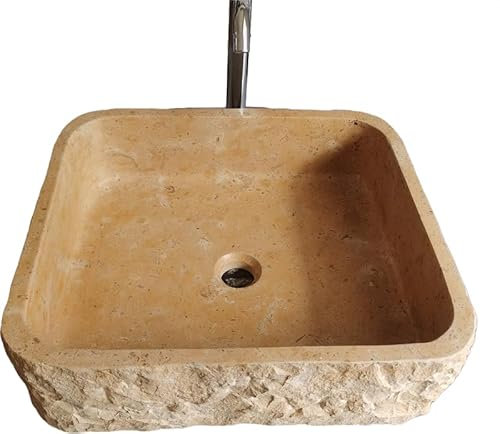 Fregadero de piedra para baño de mármol con hendidura natural exterior rectangular, lavabo montado en la pared, color beige y amarillo