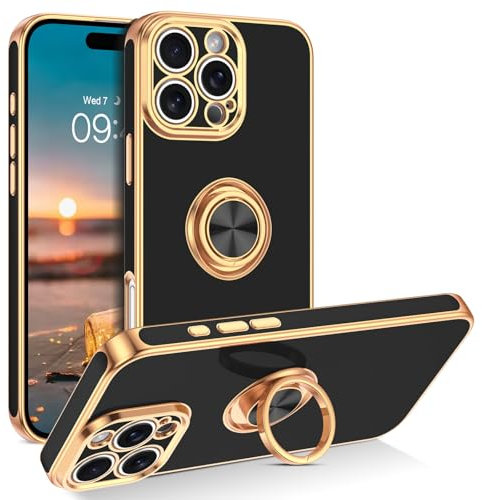 BENTOBEN for iPhone 16 Pro Max Case with Ring, Gold Luxury Plating Edge 360 Rotation Stand Flexible Soft Silicone Bumper Shockproof Drop Protection Women Men Cover for iPhone 16 Pro Max, Black
