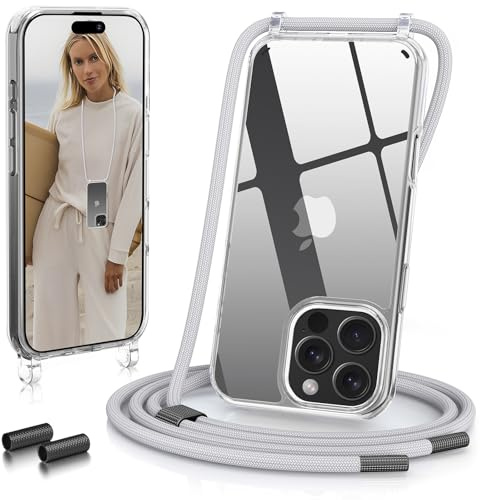 GOODVISH Handykette für iPhone 16 Pro Hülle mit Band, Silber | Kameraschutz und Bildschirmschutz, Transparent Necklace Handyhülle Schnur Schutzhülle für Umhängen Case mit Kordel 6.3