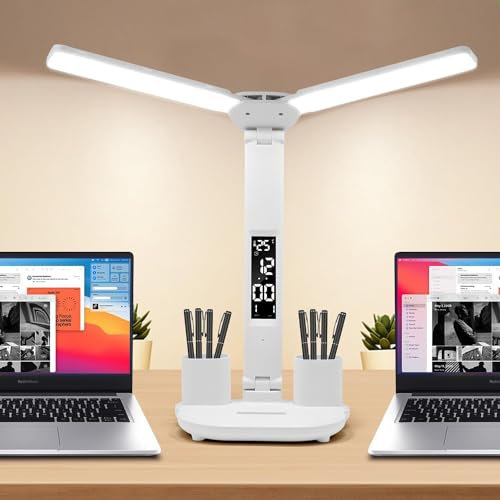LED Desk Lamp Light with 2 Pen Holders, Time, Date, Temperature Display, Dimmable, 3 Color Modes, Touch Control, Foldable,Eye-Caring Table Lamp for College Dorm Room Office Home Reading Study