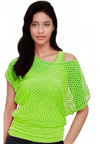 TouKingda 80s Mesh Fishnet Tops Off the Shoulder Tops for Women | Neon T-Shirt Tank Tops Y2K Festival Outfits Fancy Dress Ladies Disco Retro Outfit 1980s Costume Sexy Going Out Tops
