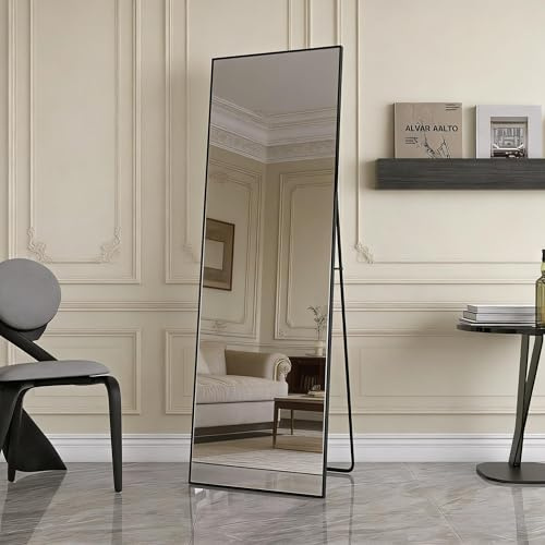 PerGar Grand Miroir Mural Moderne sur Pied, à Poser ou à Suspendre, avec Cadre en Aluminium, pour Salon et Chambre à Coucher, Noir, 165 x 60 cm