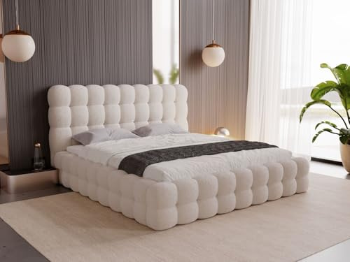 GRAINGOLD Twist Bett 160x200, Polsterbett mit Bettkasten, Polsterbett mit Stauraum, Bouclé-Stoff, mit Lattenrost, mit Kopfteil, ohne Matratze (Beige, 160x200)