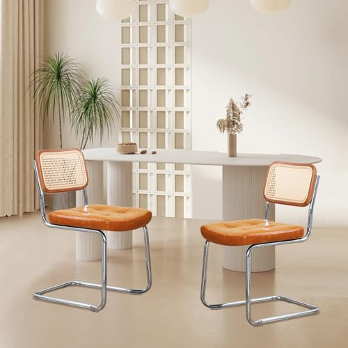 DOKKOME Rattan Esszimmerstühle 2er Set freischwinger Stühle Schwingstuhl Vintage Polsterstuhl aus Leinen mit Holzbeine Holz für Esszimmer/Wohnzimmer (Ledebraun)