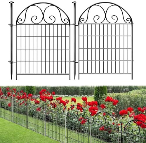 Teichzaun Gartenzaun,90cm Höhe x 70cm Breite, Dekorativer Metall Steckzaun ohne Graben, Sichtschutz für Blumenbeet, Hof und als Hunde- bzw. Kleintierzaun (5PCS)