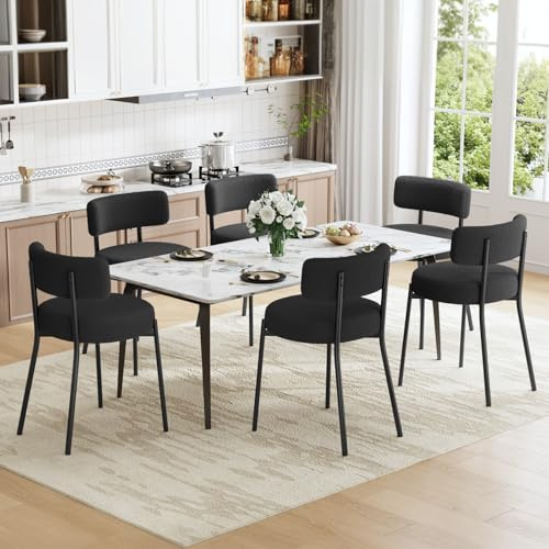 Ckaff Lot de 6 Chaises de Salle à Manger, Chaises de Cuisine en Teddy Boucé, Fauteuil Salon Rembourrée avec Accoudoirs et Pieds en Métal pour Salle à Manger Salon Cuisine Chambre, Noir