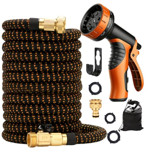 Flexibler Gartenschlauch 22.5m, Wasserschlauch Flexibel, Garden Hose mit 1/2 und 3/4 zoll Messinganschlüsse, 3 Lagiger Latex Wasserschlauch für Bewässerung, Gartenreinigung, Autowäsche, Gießen
