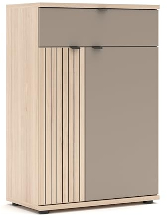 PISA Schuhschrank Schuhregal Basalt matt Riva Eiche 70 x 103 x 38 cm | Schuhkommode mit 1 Schubkasten und 2 Holztüren, Front in Leistenoptik, 3 Fachböden, FSC-zertifiziert