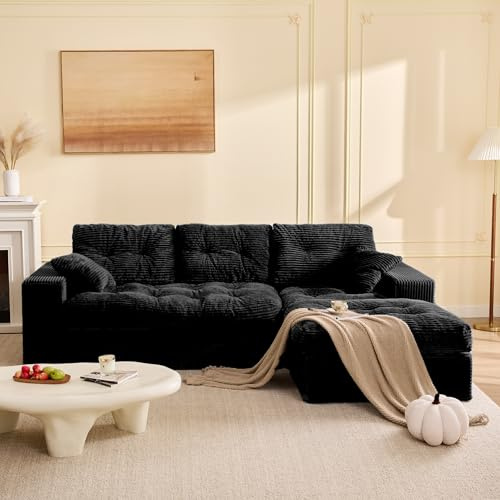 Litbird 3‑Sitzer Ecksofa Schwarz – Modulares Sofa mit Recamiere, Cordstoff Bezug, Schlafsofa & Relaxsofa, Wohnzimmer Sofa ohne Montage, 3‑Sitzer Sofa für geräumiges Wohnzimmer