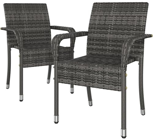 Yaheetech Set of 2 Rattan Stackable Outdoor Garden Chair Lightweight All-Weather w/Armrests for Patio, Backyard, Poolside, Grey