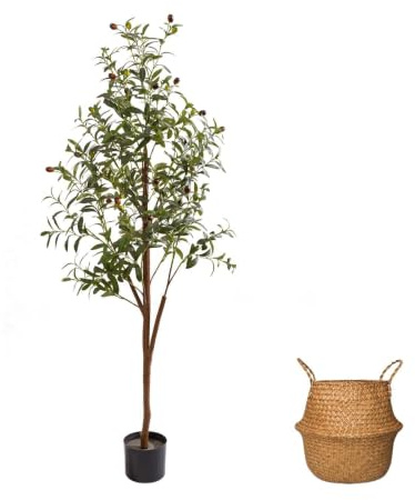 AzureLeap Olivo artificial de 5 pies con musgo y canasta, olivo sintético alto para interiores en maceta, gran árbol de seda de olivo falso con ramas y frutas realistas para decoración del hogar