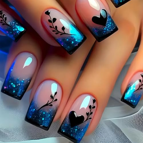 Vesavifaka Faux ongles courts dégradé bleu French Tip, motif cœur amour avec paillettes, faux ongles, ongles brillants à coller pour femmes, art des ongles DIY, 24 pièces