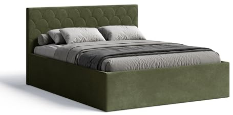 Meblofun Polsterbett Radius mit Kopfteil, 160x200 cm, Doppelbett mit Bettkasten und Lattenrost aus Holz, Velourstoff, Farbe: Hellgrün